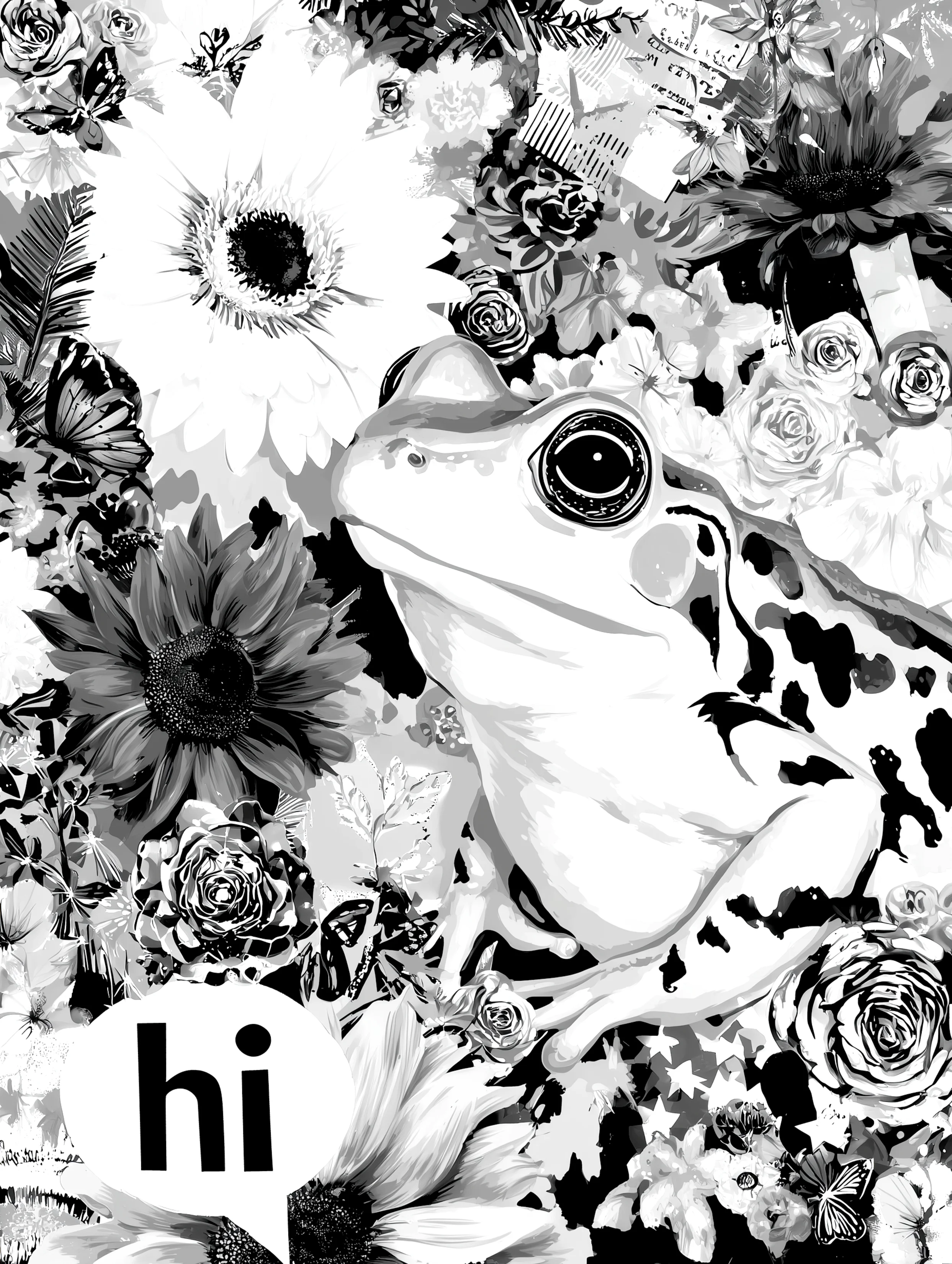 Free printable frog coloring page for adults featuring hi sign with frog